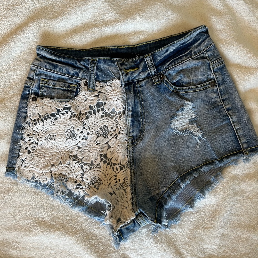 High Waisted Stretch Lace Denim Shorts